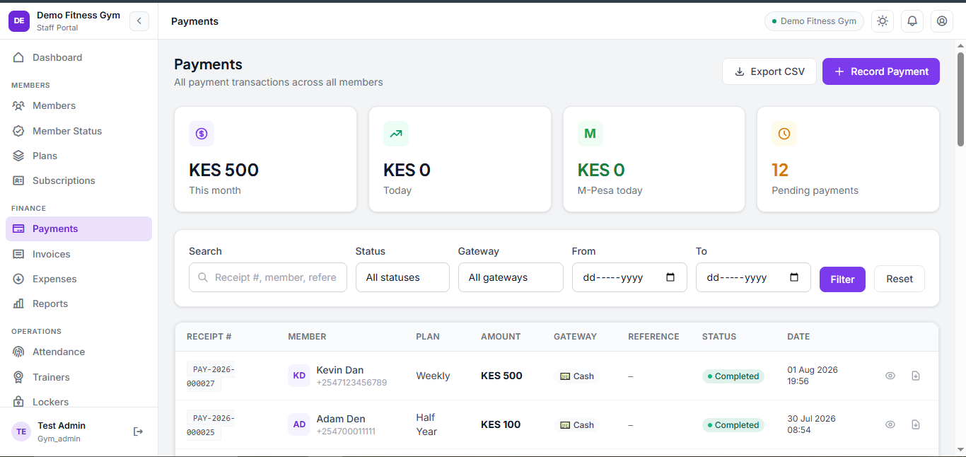 Nguvu Fit payments list with M-Pesa, Cash and gateway filters